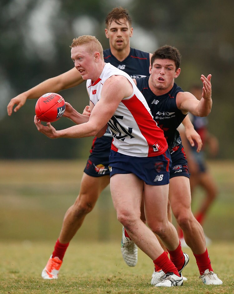AFL 2016 Training - Melbourne Intra-Club Match MELBOURNE, AUSTRALIA - FEBRUARY 19: Clayton Oliver (left) and Angus Brayshaw of the Demons compete for the ball during the Melbourne Demons intra-club match at Casey Fields in Melbourne on February 19, 2016. (Photo by Michael Willson/AFL Media)
